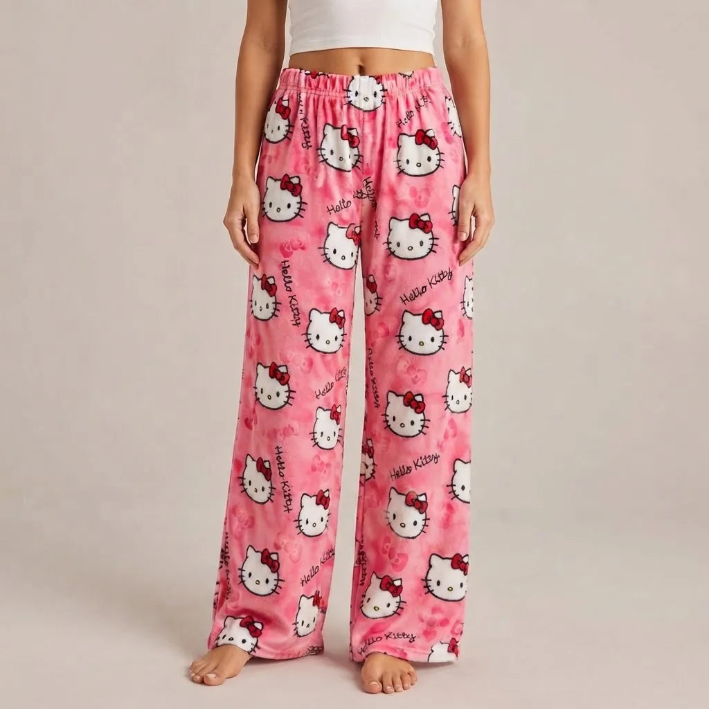 Hello Kitty Fleece Coral Pajama Pants Soft Trousers Women Casual Home Trousers Anime Cartoon Birthday Gift