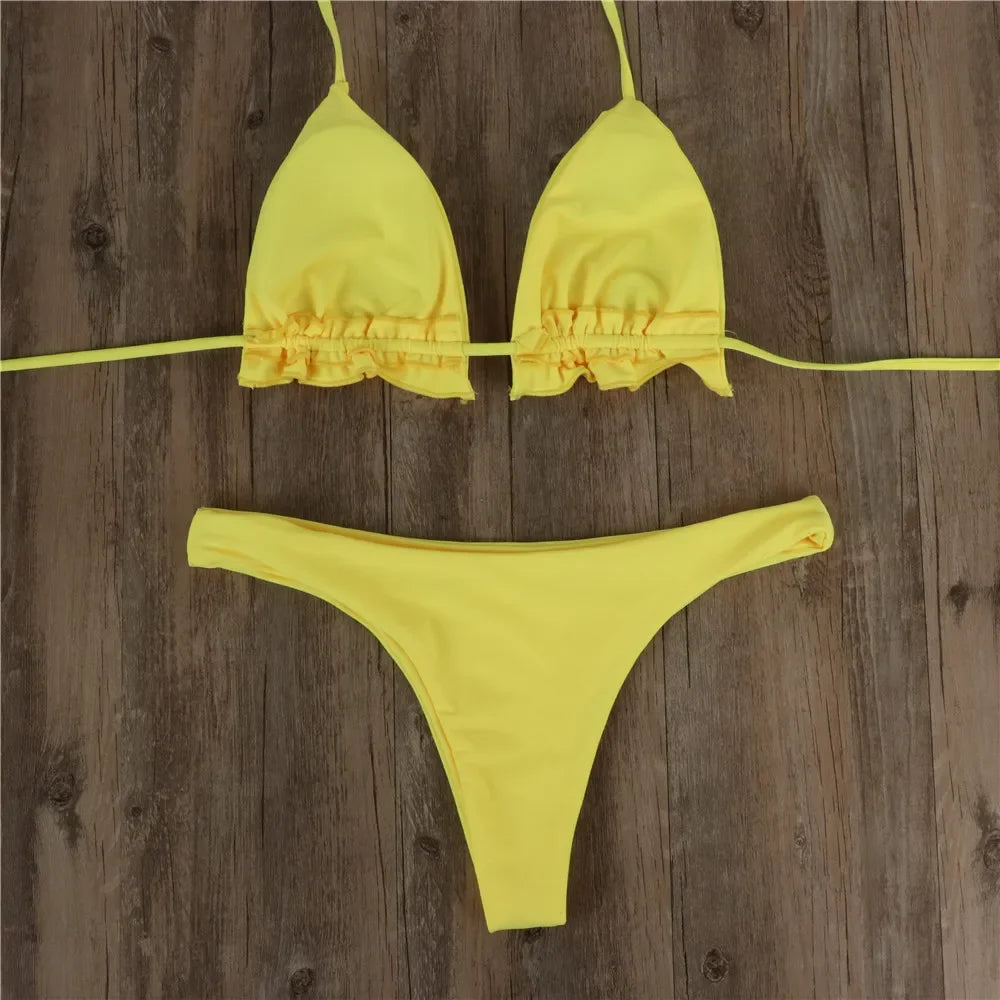 Summer Brazilian Bikini Set Women Sexy Bandage Top Thong Bottom Set Push-up Swimwear Lace Up Swimsuit Beachwear