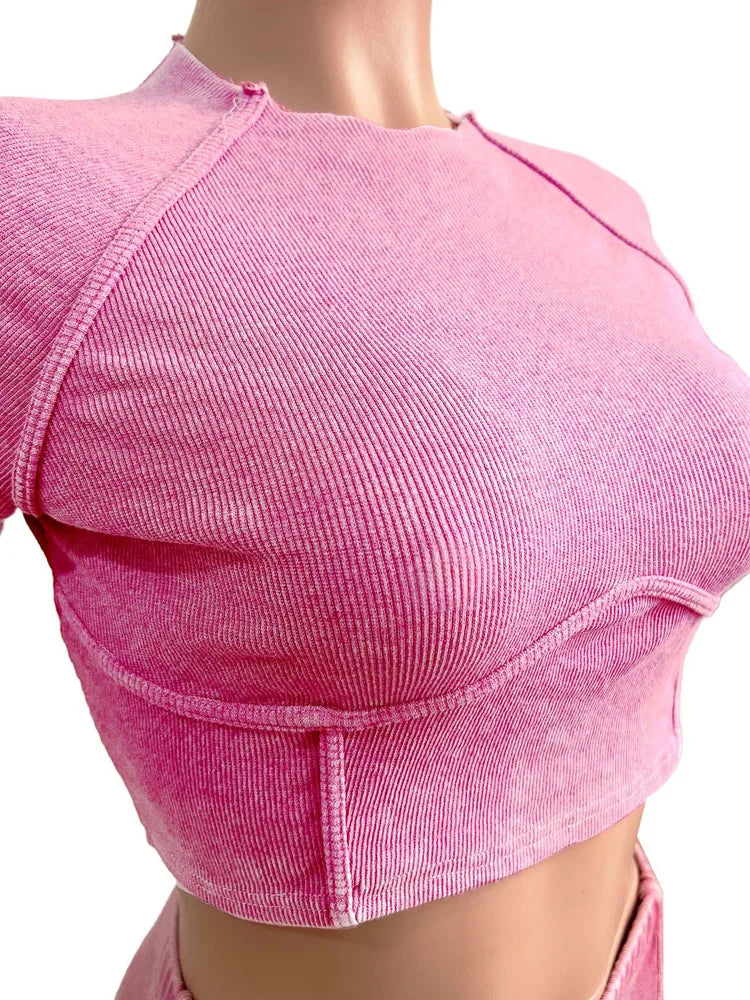 Kricesseen Breaking The Rules Mineral Wash Set Two-Piece Outfits Casual Ribbed Tracksuits Set Night Club Outfits Fitted Overalls