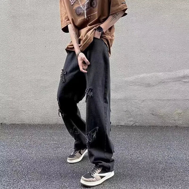 Straight Leg Denim Jeans Male New Fashion Casual Loose High Street Y2k Pants New Wide Leg Hip Hop Black Blue Pants