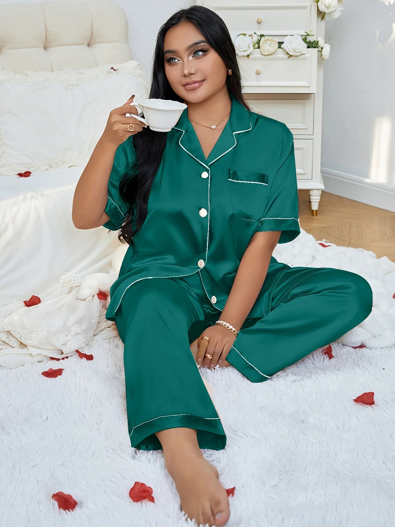 Plus Size 3XL 4XL 5XL Women's Sleepwear Pajamas Set Spring Summer Short Sleeve Trouser Suits Loungewear Loose Satin Homewear