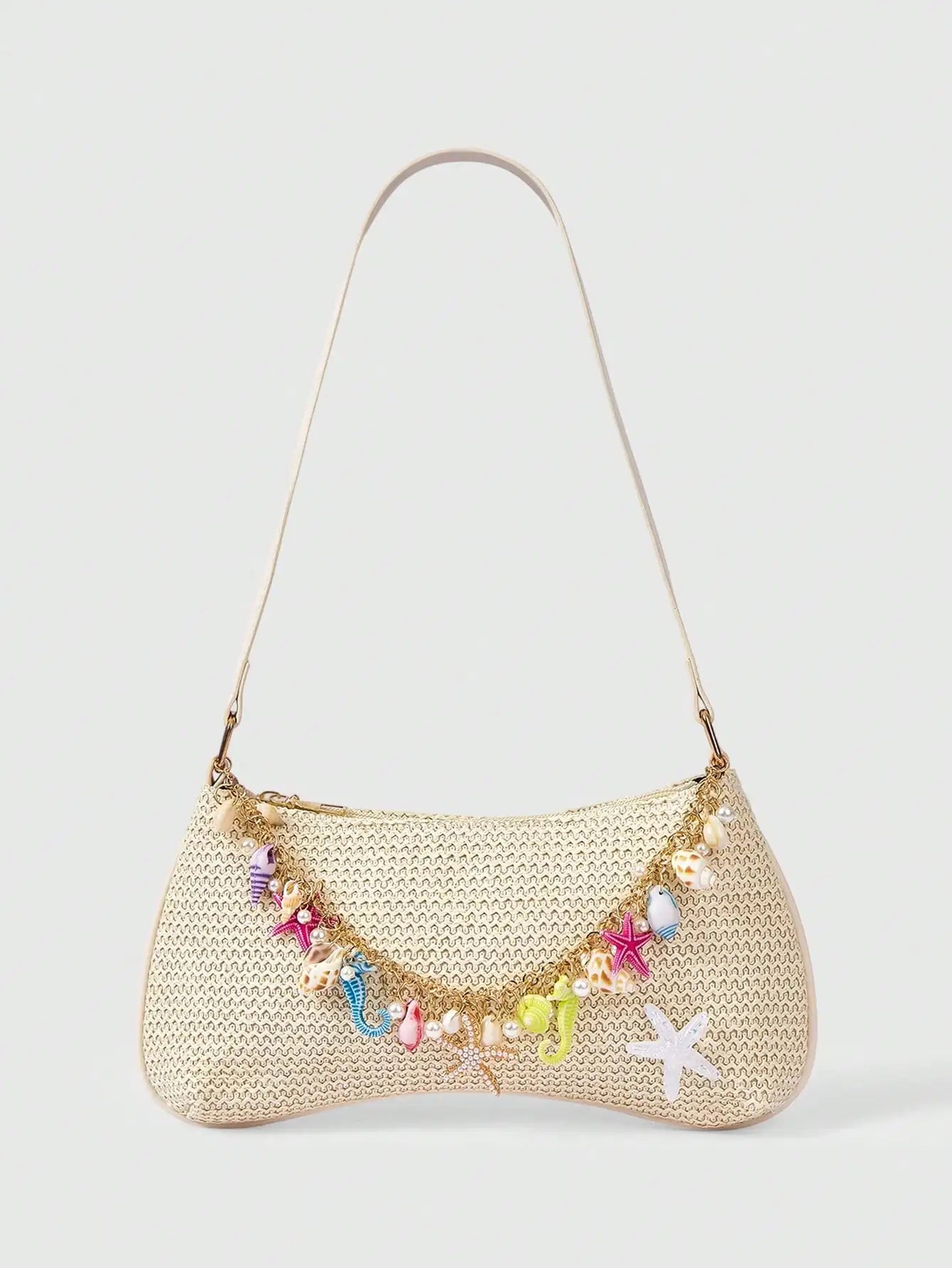 ROMWE Fairycore 1pc Summer Beach Starfish Series Shell & Seashell Woven Shoulder Hand Carry Bag