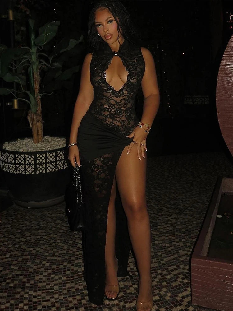 Weird Puss Sexy Solid Dress Women 2025 Summer Sleeveless Lace High Stretch Midnight club Asymmetrical Graphics Metal Knot Slit