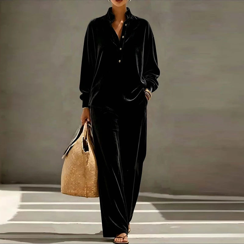 Autumn Winter Solid Soft Velvet 2 Piece Set Women Fashion Stand Neck Button Blouses High Waist Pants Sets Long Sleeve Warm Suits