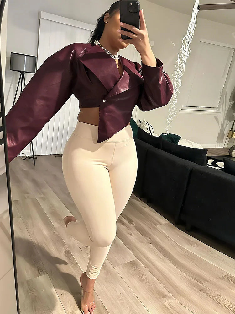 Faux Leather Irregular Crop Jacket — Women's Streetwear Coat