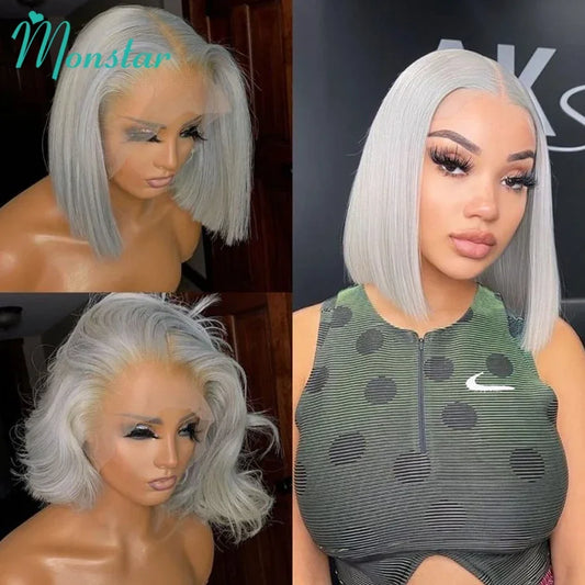 Sliver Grey Short Bob Human Hair Wigs 13x6 613 Blonde Bob Wig Transparent Lace Frontal Wig Bone Straight Brazilian Remy Hair Wig