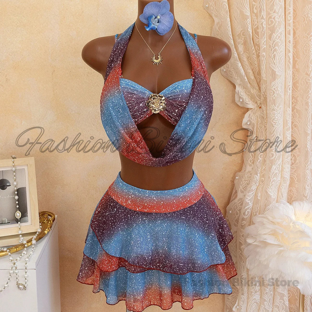 Sexy Blue Gradient Bikini Set 2026 Women Metal 3D Flower Push Up High Waist Pleate Skirt Swimsuit Holiday Bathing Suit Swimwear