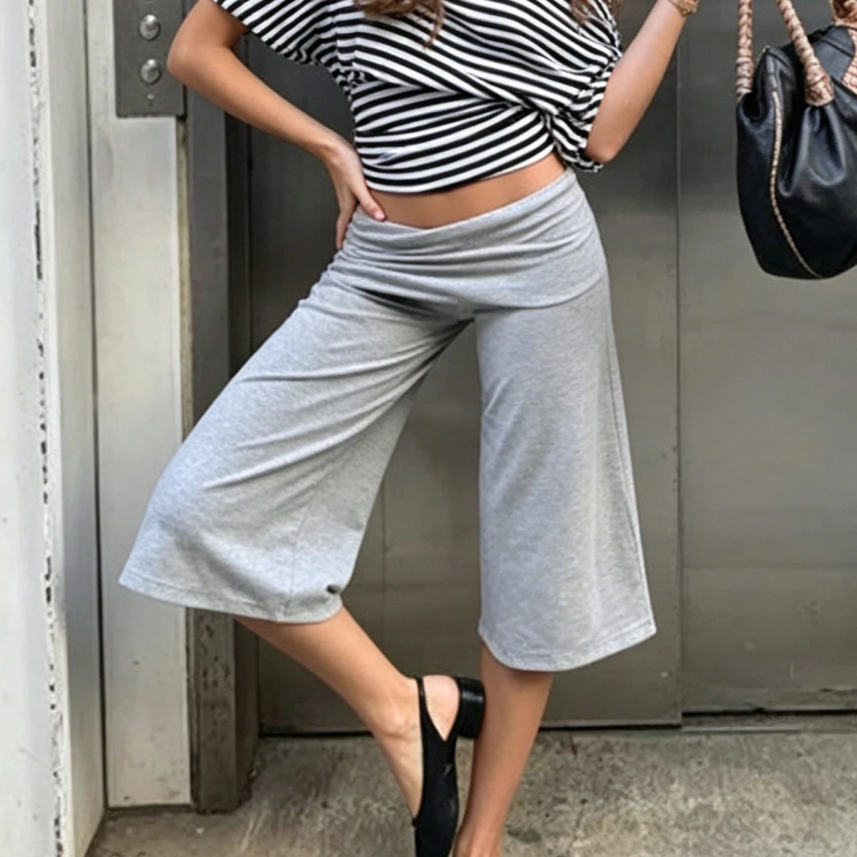 Capri Pants for Women Low Rise Fold Over Capri Yoga Pant Soft Comfy Flowy Wide Leg Capris Culottes Bottoms