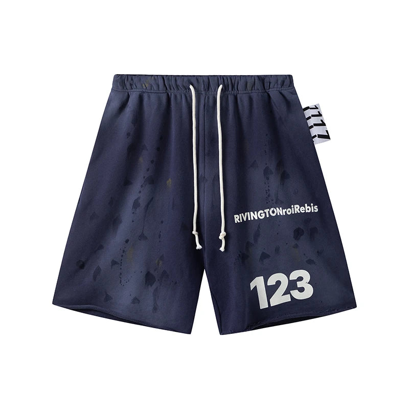 RRR123 2024 New Sports Shorts Heavyweight Washed Graffiti Print Vintage Drawstring Capris Casual High Street Loose Curled Y2K