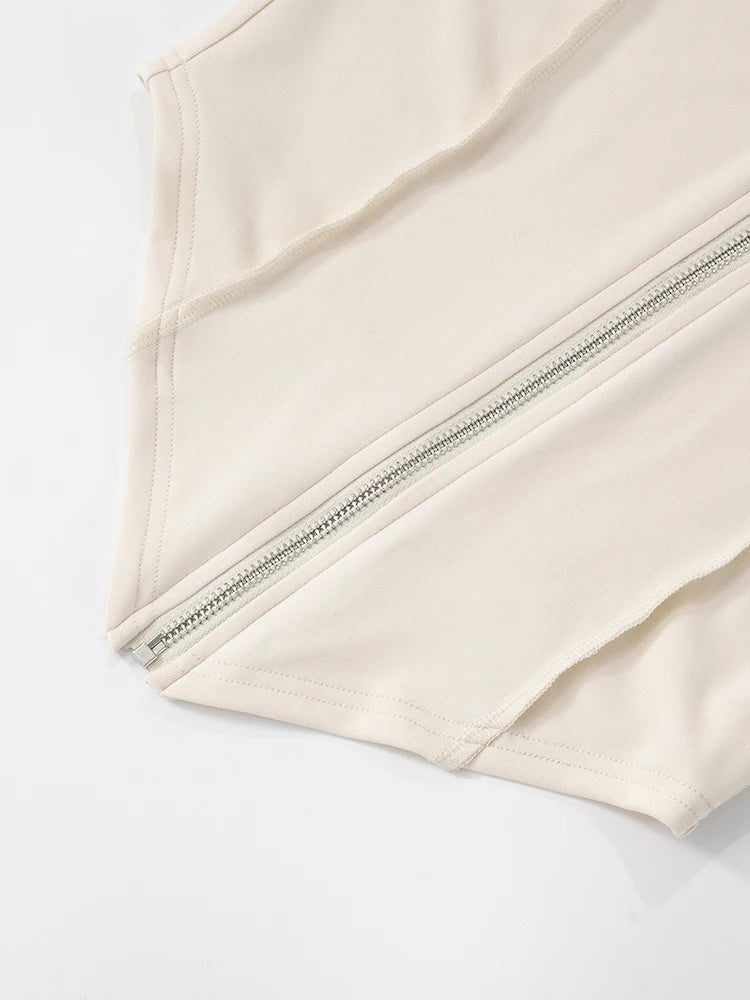 Weird Puss Lines Patchwork 2 Piece Set Women Zipper Cardigan Irregular Crop Top+Skinny Peach Hip Shorts Simple Sporty Streetweas