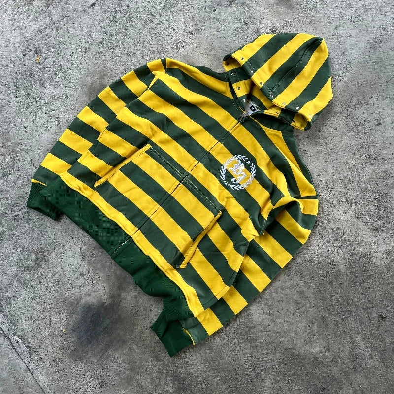 Y2K Retro Kid Zipper Hoodie Stripe Rivet Letter Embroidery Pattern Sweatshirt Men HipHop Fashion Streetwear Unisex Women Clothes