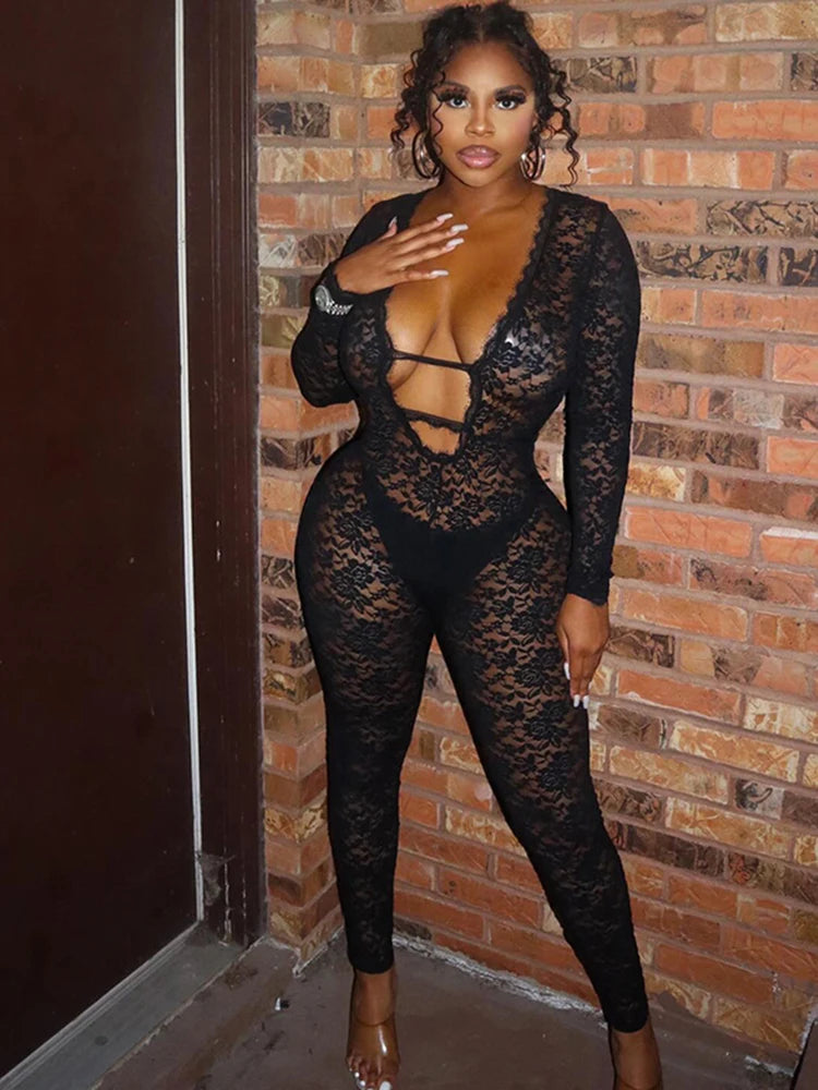 Weird Puss Sexy Jacquard Jumpsuit Women Sexy Mesh Patchwork Low-Neck Hollow Full Sleeve Skinny Midnight Party Clubwear Overalls