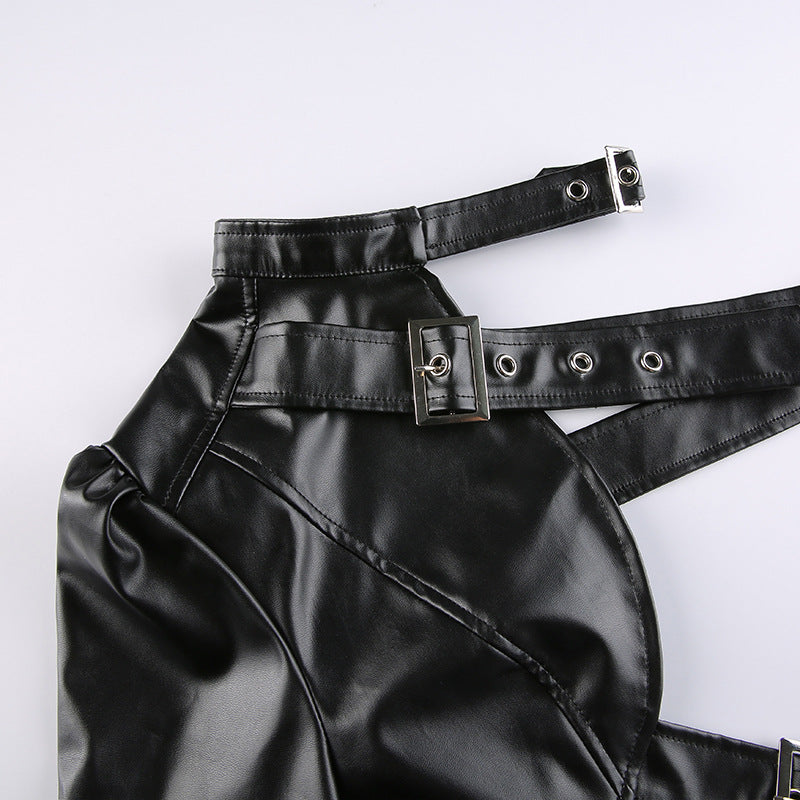 Women PU Leather Jackets Fashion Punk Gothic E Girl Y2K Crop Tops Single Long Sleeve Neck Hanger Buckle Belt Coat Outerwear