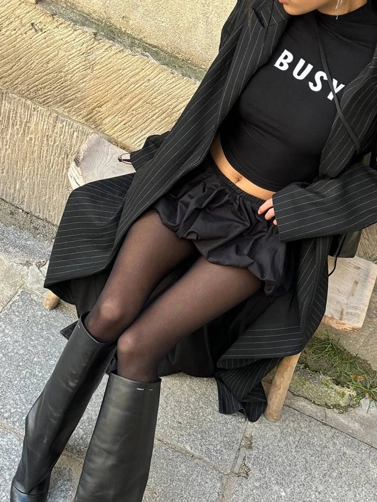 Weird Puss Casual 2 Piece Set Women Letter Print Shorts Sleeve Crop Tops+Puffy Skirt Simple Basic Matching Streetwear Outfits