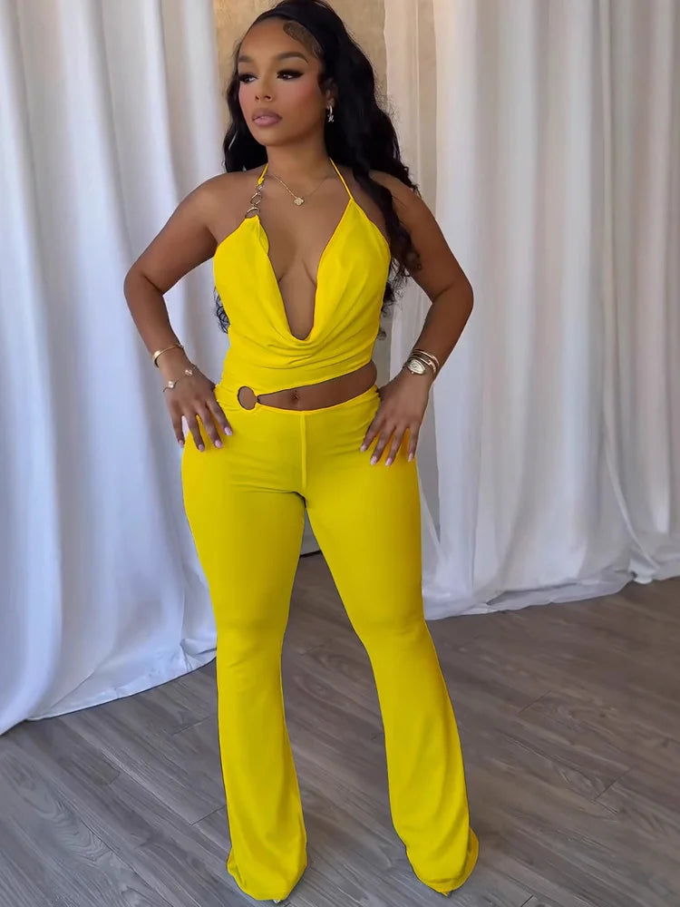 Kricesseen Women's Halter Neck Draped Cut-Out Metal Ring Fitted Jumpsuits Sexy Rompers One Piece Outfits Solid Clubwear Overalls