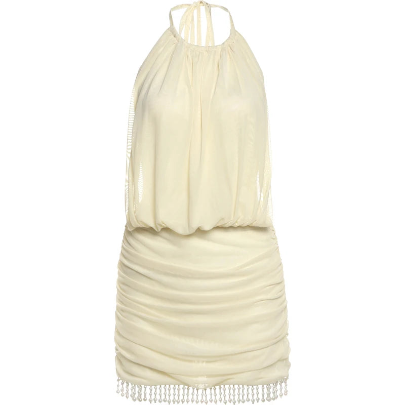 Mesh Lace-Up Halter Pearl Tassel Mini Dress — Women's Club