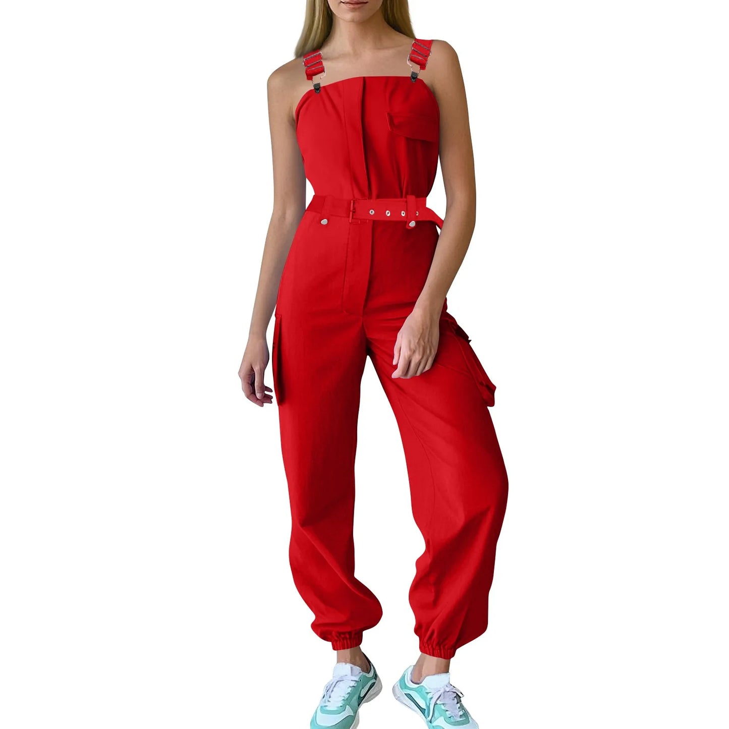 Lady's Fashion Clasp Pocket Cargo Romper Jumpsuits, Casual Jumpsuit Summer