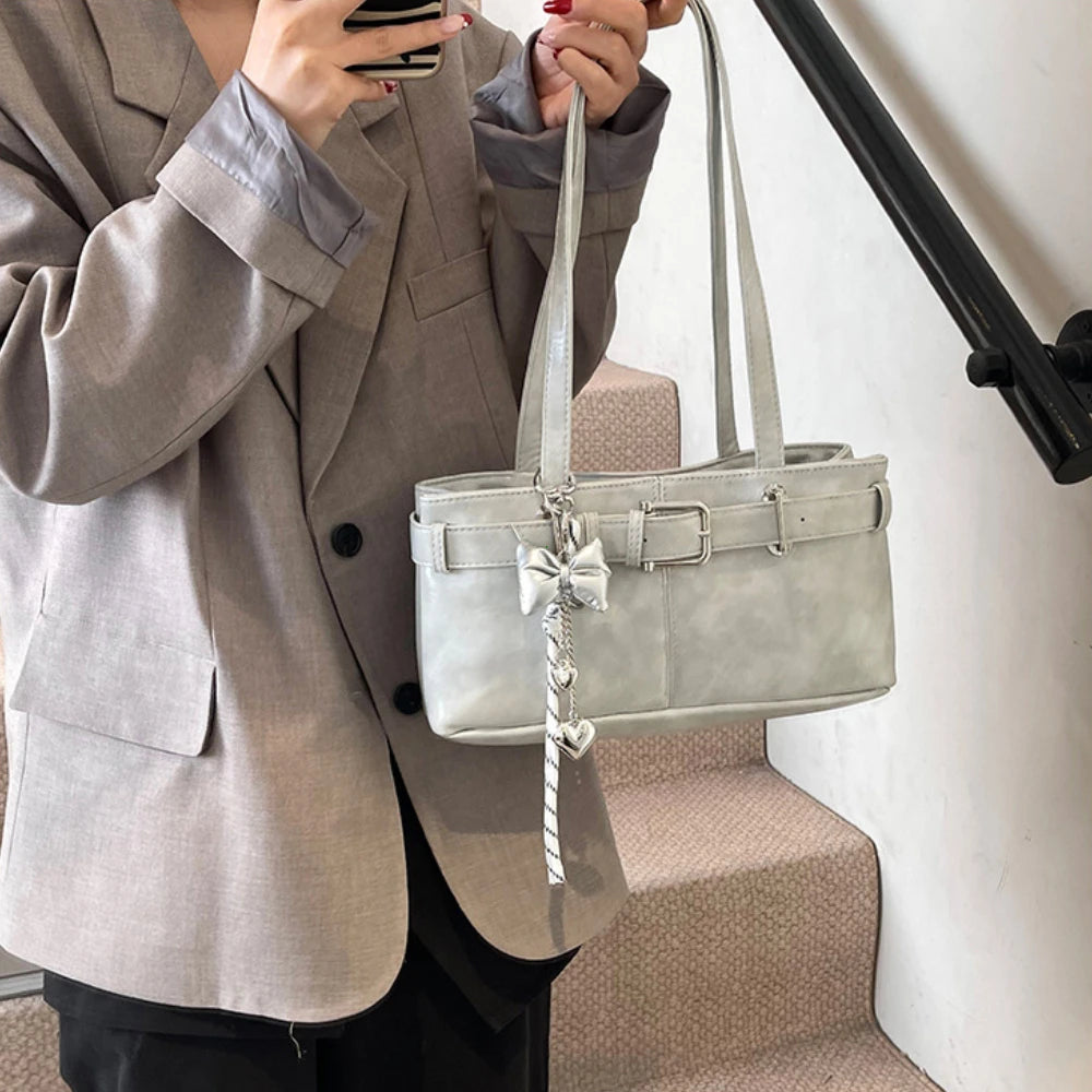 Belt Buckle Design Shoulder Satchels Bag for Women 2025 New in Luxury Designer Handbags Branded Fashion Totes with Pendant Сумка