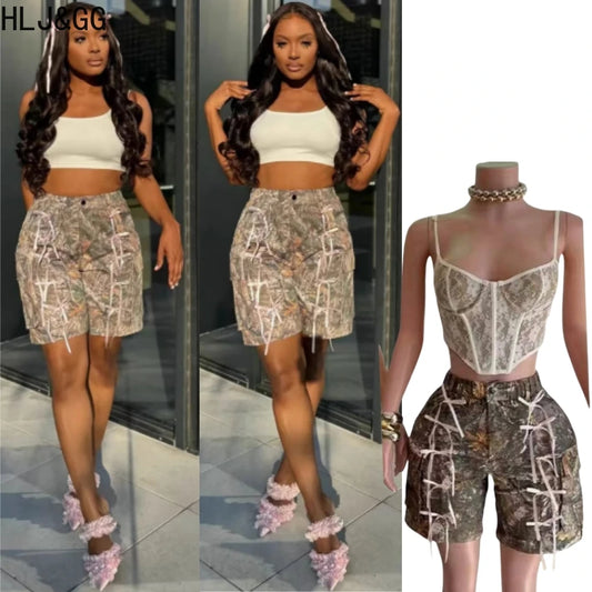 HLJ&GG American Vintage Style Women High Waist Button Harajuku Straight Shorts Fashion Print Pocket Bow Bottoms Streetwear 2025