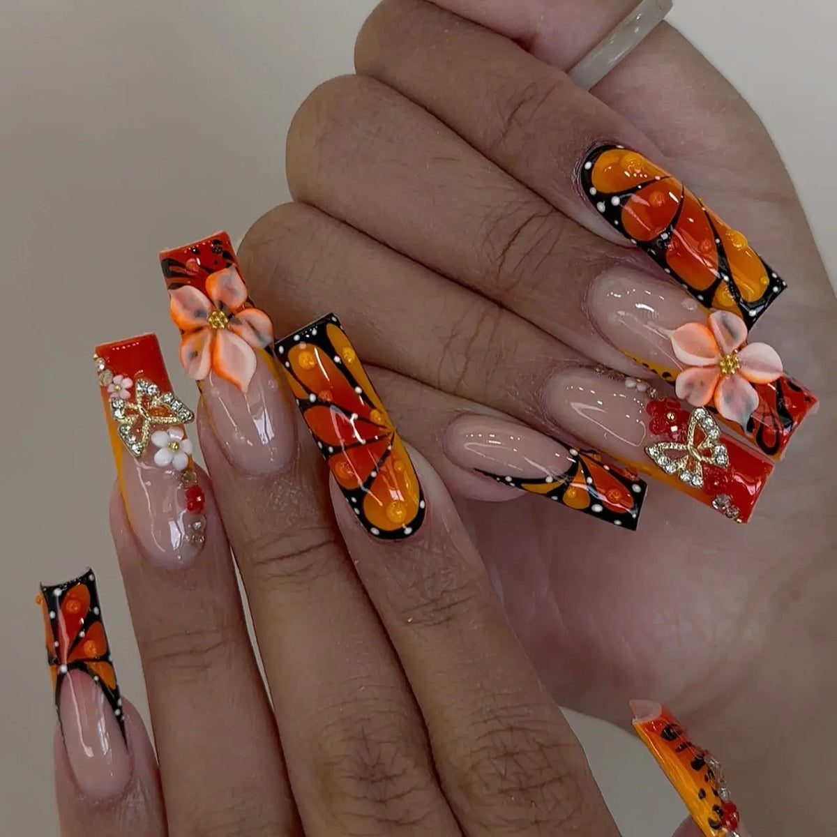 24Pcs Long Square Press on Nails Leopard Print French 3D Cherry Design False Nail Rhinestone Wearable Full Cover Fake Nails Tips