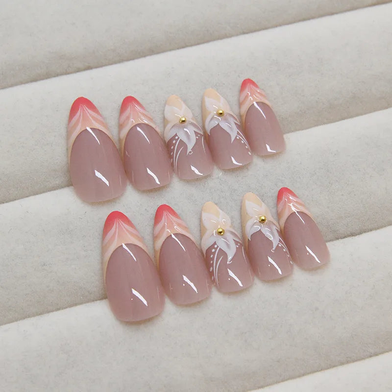 24pcs 3D Pink Flower Design Fake Nails Ins Gradient Pink Sweet False Nail Detachable French Almond Press on Nails for Women Girl