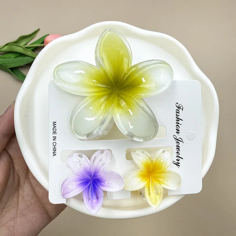 3Pcs Sweet Colorful Plumeria Flower Shark Clip Hair Claw Bohemian Ponytail Clip Plastic Hairpin Barrette Summer Hair Accessories