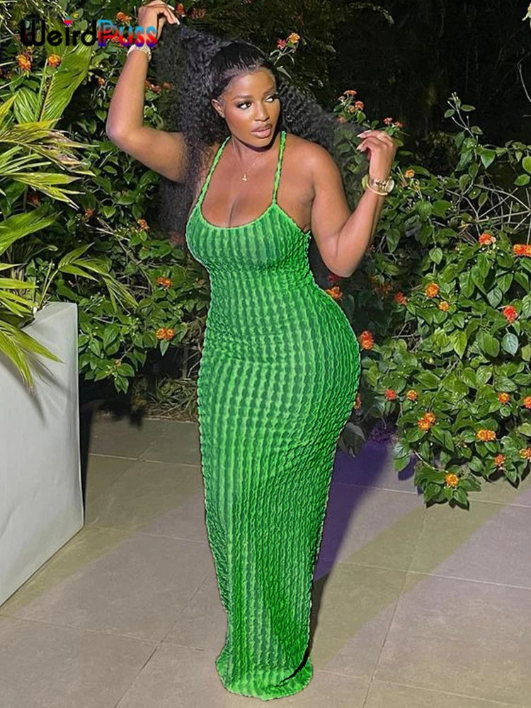 Weird Puss Backless Halter Dress Women Cross Bandage Sleeveless Sexy Elegant Skinny Stretch Wedding Party Maxi Bodycon Vestidos