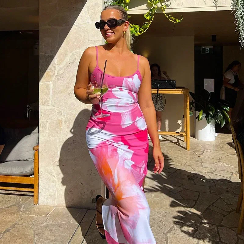 Elegant Printed Backless Long Dress Summer Women's Fashion Contrast Color Party Dress Patchwork Suspender Long Dress 2024 New