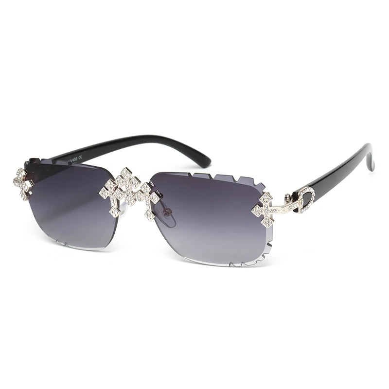 2025 Fashion Square Rimless Sunglasses For Women Cross Diamond Metal Frame Luxury Eyewear Cut Lens UV400 Shades Sun Glasses