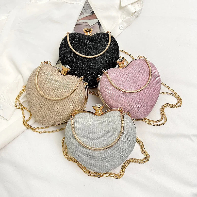 Evening Clutch Bag For Women Shiny Heart Shape Metal Clutch Chain Shoulder Purse