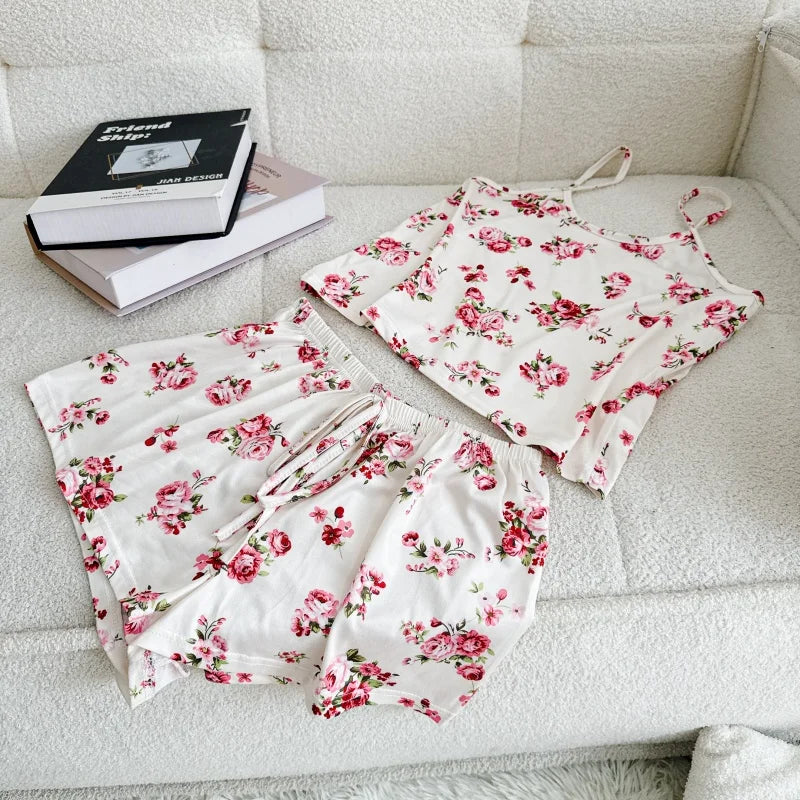 Women's Summer Printed Cami Sleeveless Top and Shorts Pajama Sets Female Soft Breathbale Nightwear Adjustable Belt Sleepwear New