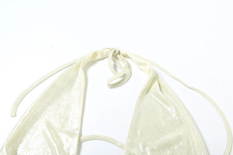 Weird Puss Thin Sexy Women 2 Piece Set Glitter Sheet Metal Backles Shalter Tank Tops+Ribbon Skirts Tight Vacation Matching Suits