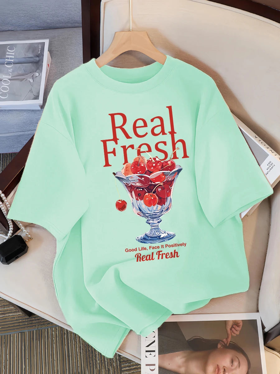 Real Fresh Cherry Fruit Cup Design Tee Shirts Female Comfortable Cotton T Shirt Fashion Casual Clothes Soft Street Short Sleeve
