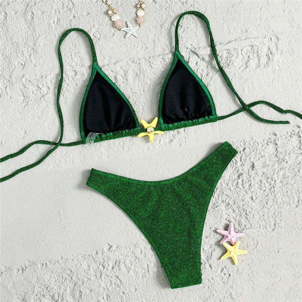 Green Shiny Starfish Swimwear String Halter Triangle Bikini 2026 Sexy Swimsuit Women High Cut Bathing Suit Bikinis Sets De Mujer