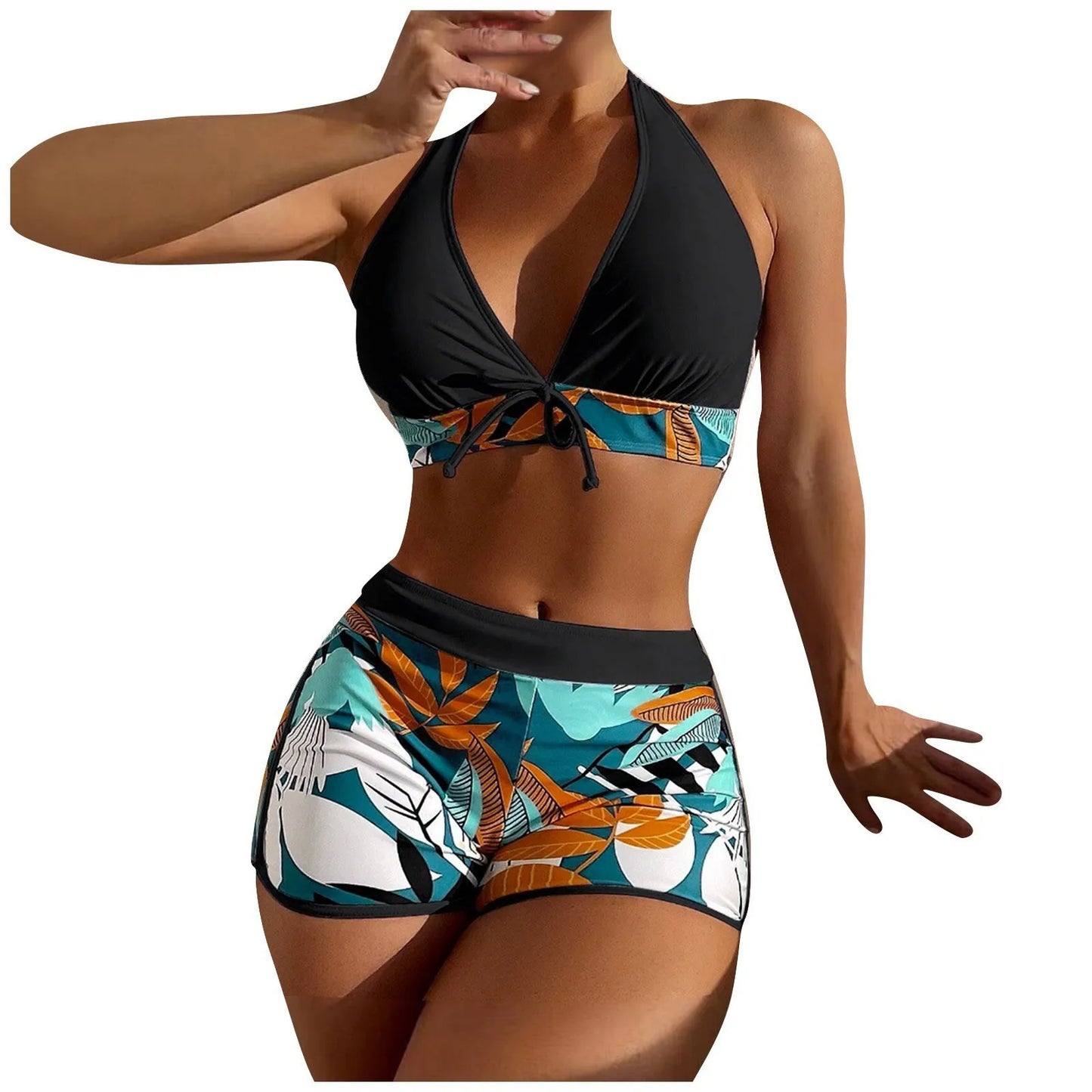 Shorts Bikinis Set  High Waist Swimsuit Women Swimwear  Plant Print Bathers Bathing Swim Suit Beachwear