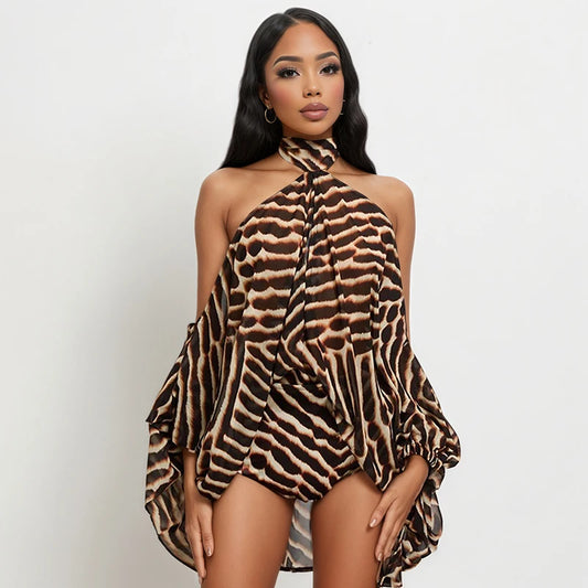 American style neck hanging off shoulder personalized top, tight shorts, printed two-piece set