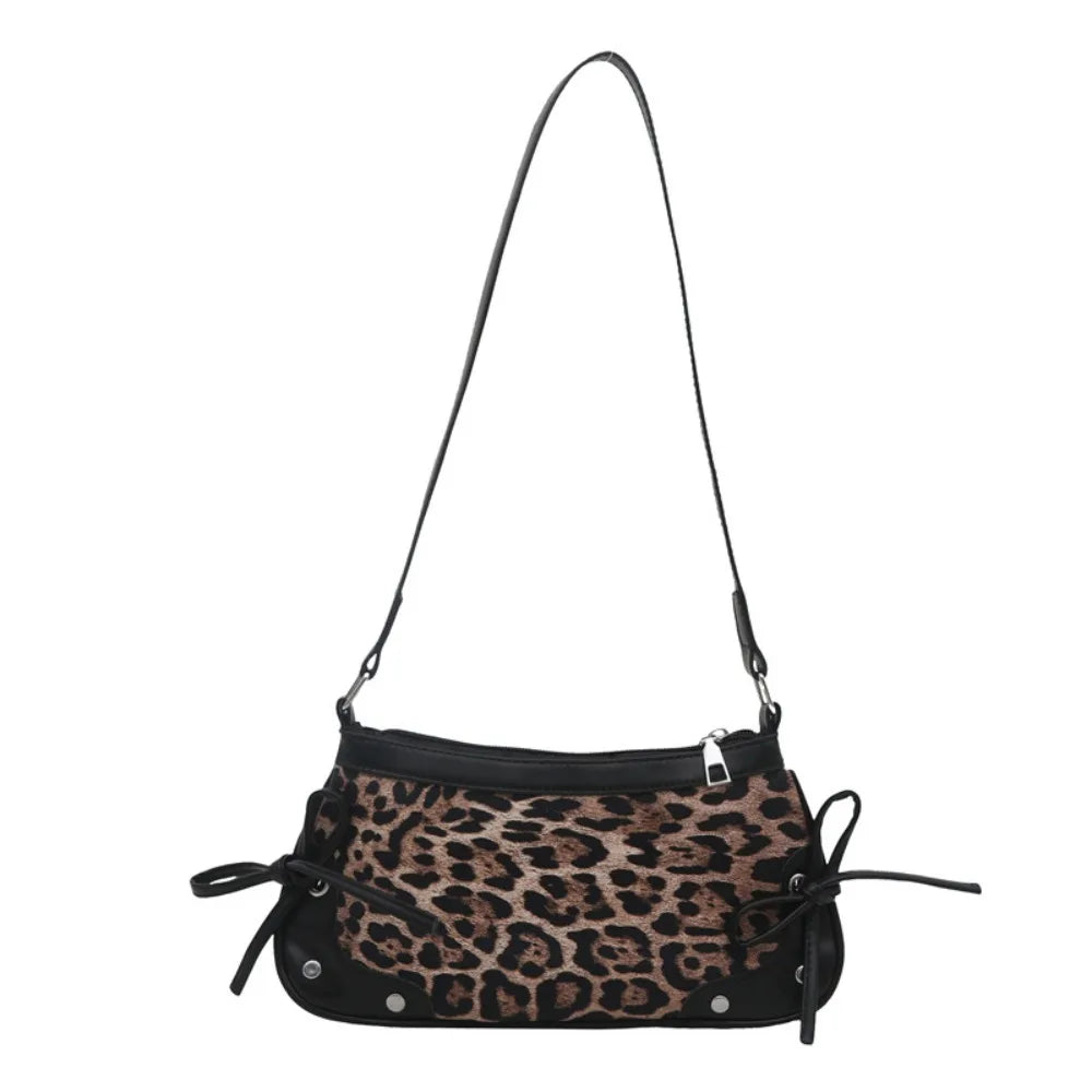 Retro Simple Double Bow Shoulder Bag Leopard Print PU Armpit Bag Women's Bag Women