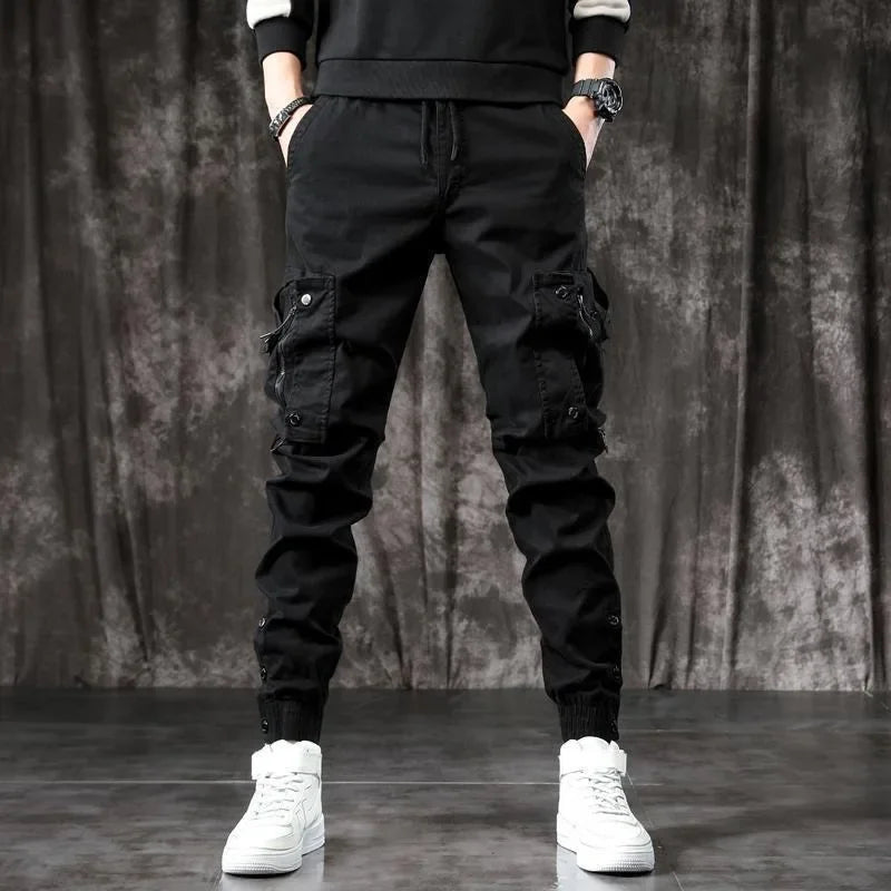 Trendy Men's Spring Autumn Cargo Pants Slim Fit Casual Style Loose Fit American Style Multiple Pocket Small Foot Pants Black