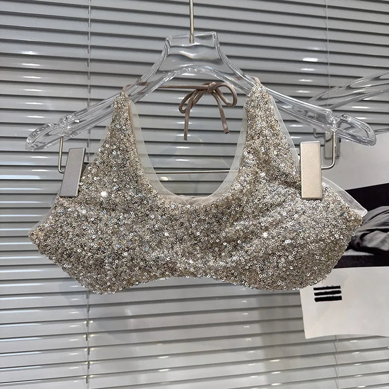 DEAT 2026 Spring New Trendy Fashion Sequin Two-pieces Set For Women Halter Chest Pad Camisole Low Waist Shorts Female 11A08392