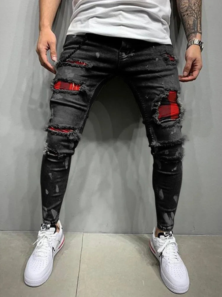 High Quality Fashion Men Painted Stretch Skinny Jeans Slim Fit Ripped Distressed Pleated Knee Patch Casual Men's Brand Clothing