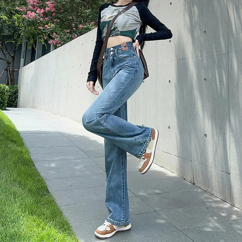 OUSSYU Woman Jeans High Waist Straight Wide Leg Cotton  Clothing Blue Streetwear Vintage Fashion Harajuku Women Trousers