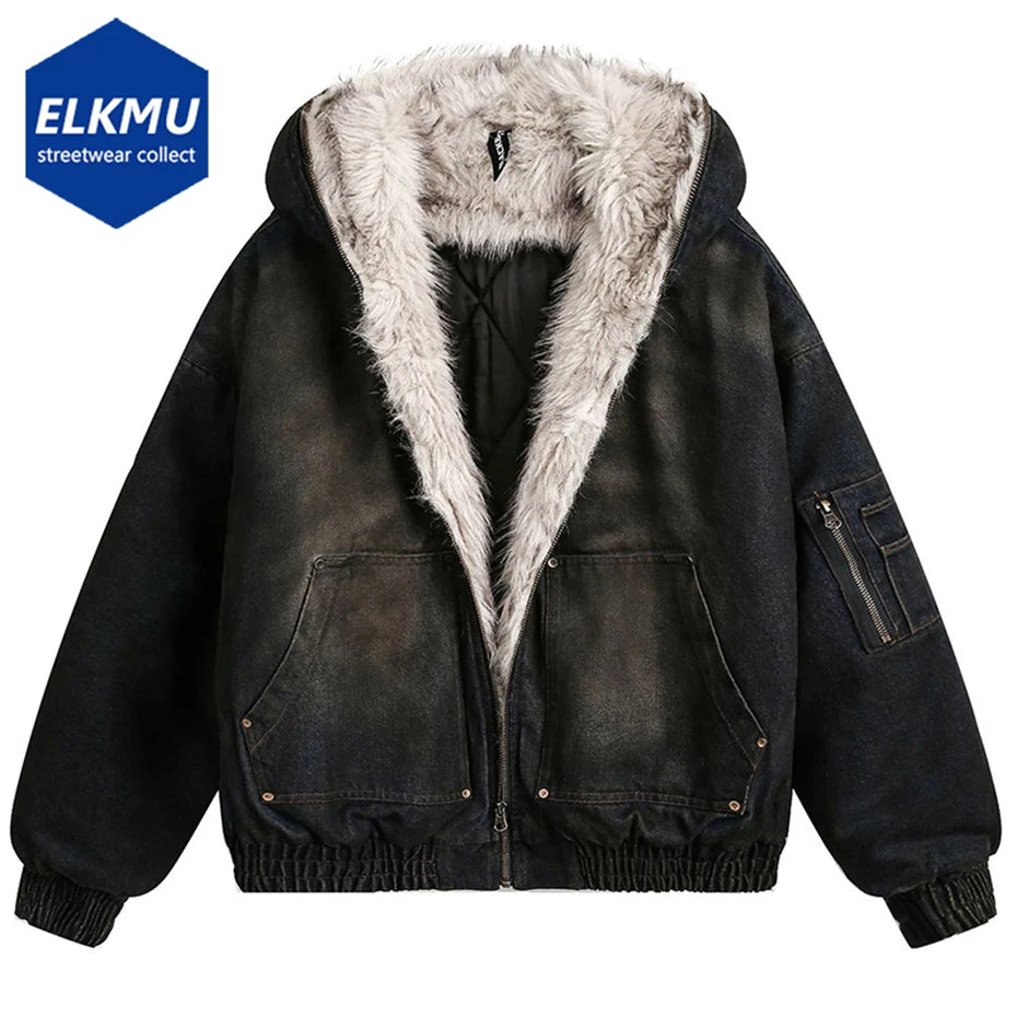 Vintage Denim Parkas Fur Warm Padded Jackets Men Streetwear Harajuku Oversized Bubble Coat Outwear