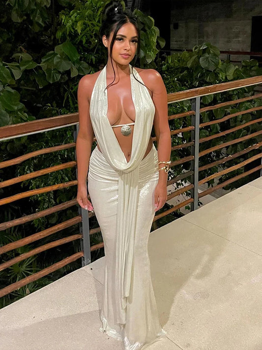 Weird Puss Thin Sexy Women 2 Piece Set Glitter Sheet Metal Backles Shalter Tank Tops+Ribbon Skirts Tight Vacation Matching Suits