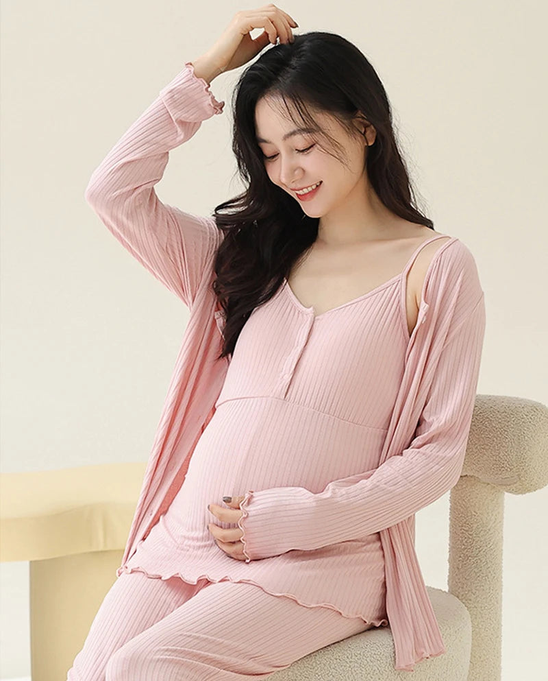 Pregnancy Comfort Pajamas Set Solid Color Long-sleeved Pants and Halter Vest Three-piece Maternity Nursing Homewear Sleepwear