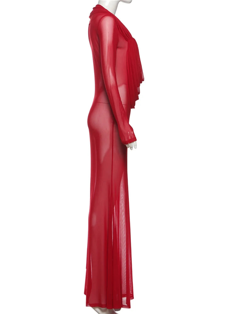 Weird Puss Sexy Thin Mesh Dress Women Deep Swing Collar Ruched Elegant Birthday Prom Party Clubwear Stretch Skinny Maxi Bodycon