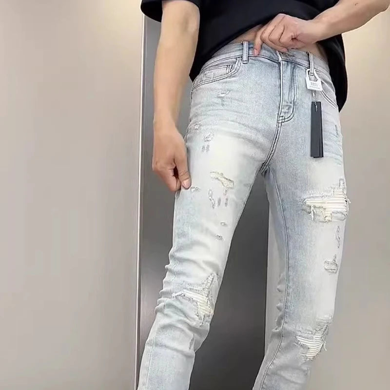 2025 Spring New Ripped Hole Denim Man's Pants Washing Light Blue Hip Hop Slim Fit  Men's Trousers High Street Blue beggar Jeans