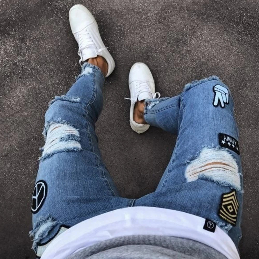 White Embroidery Skinny Ripped denim Men Cotton Stretchy Hole Slim Fit Hip Hop Denim Pants Casual Jeans for Men Jogging Trousers