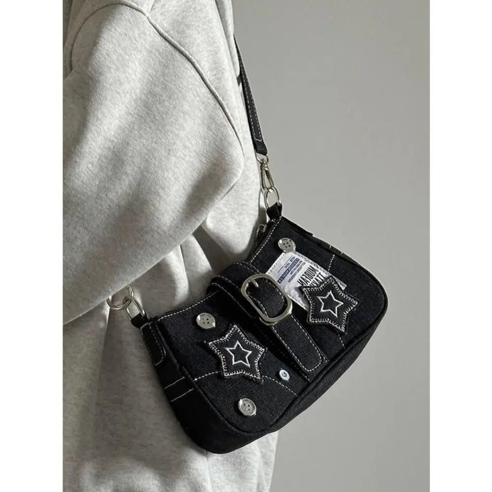 Y2K Canvas Chain Shoulder Bag jeans Stars Pattern Underarm Bag Women's Handbag for Woman Girls
