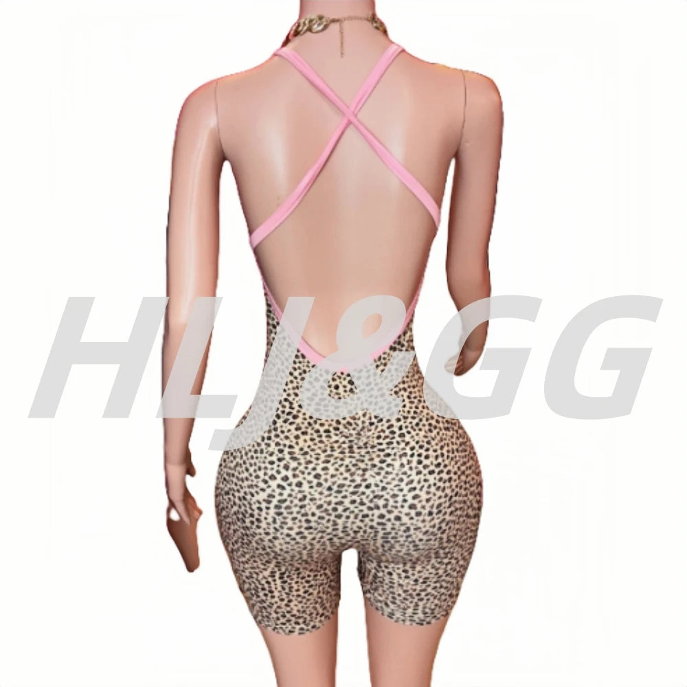 HLJ&GG Summer New Leopard Print Bow Bodycon One Piece Rompers Women Hollow Out Halter Backless Slim Jumpsuits Fashion Streetwear
