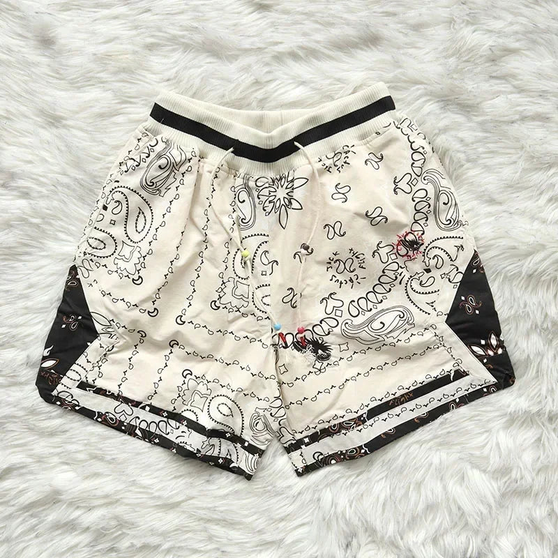 Cactus Jack Shorts Fashion Casual  Loose Color Blocking Patch Black Drawstring Elastic Waist Shorts Men Women Streetwear Pants